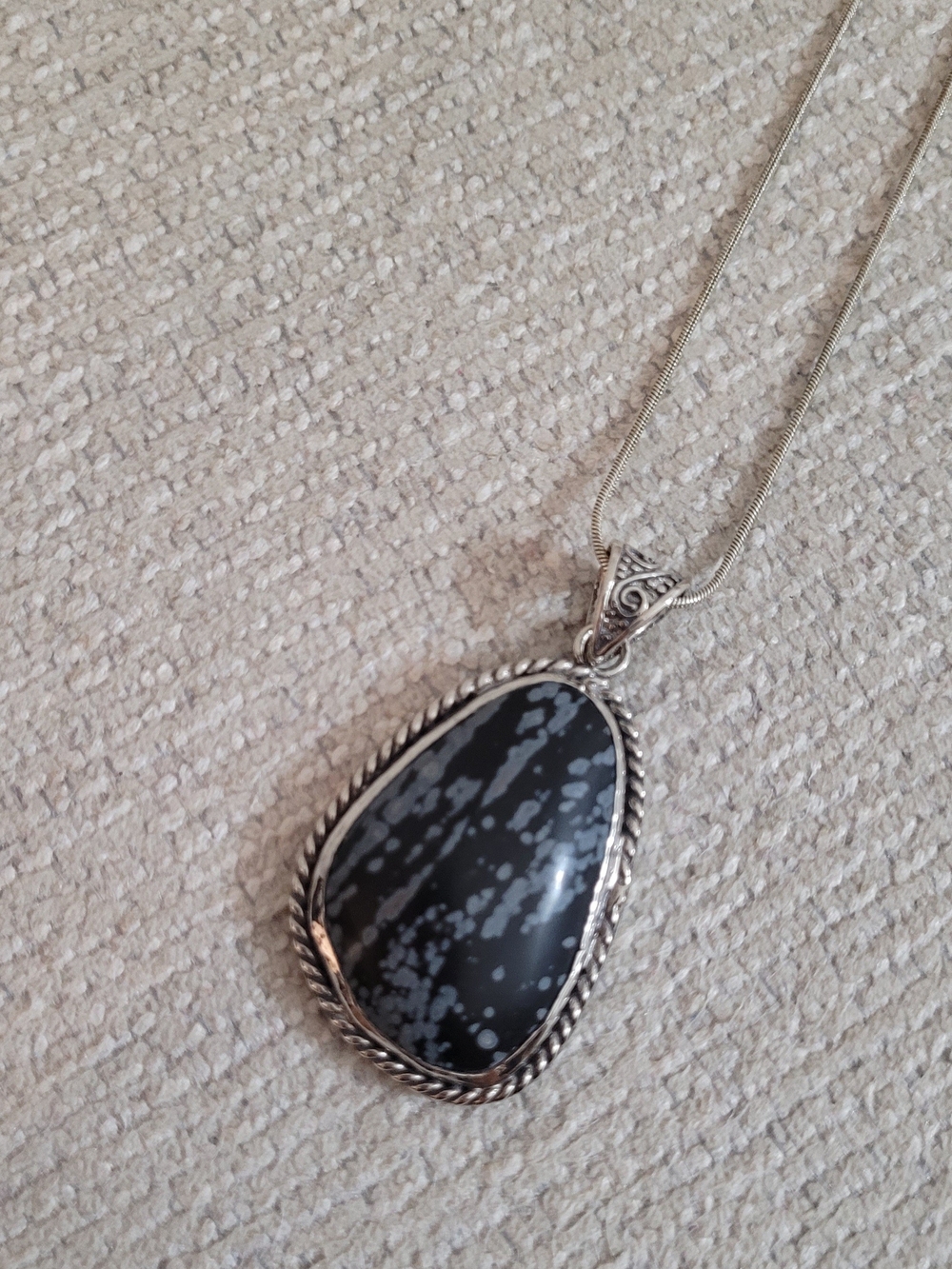 Sterling Silver 925 Snowflake Obsidian Teardrop Pendant Necklace - Black